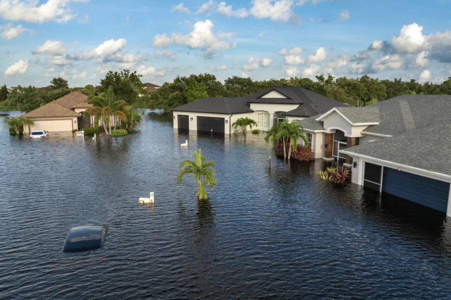 A flooded suburban street with water up to garage doors; submerged cars and palm trees surround single‑story homes under a blue sky.