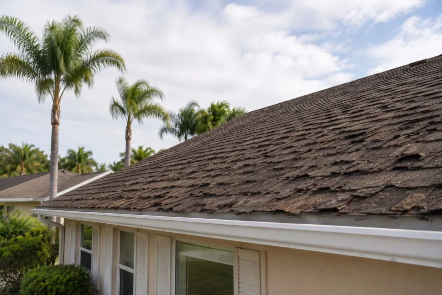 Brown shingle roof of a suburban house with palm trees and a blue sky in the background