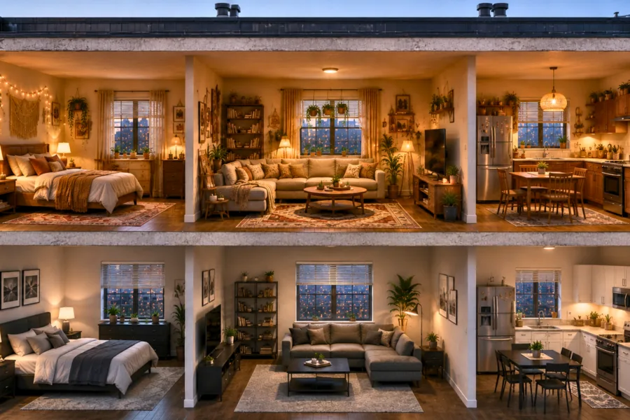 Two-story open-plan home showing a bedroom, a beige sofa living room, and a kitchen/dining area with warm lighting.