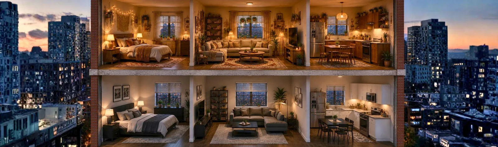 Two-story apartment cutaway showing a warmly lit bedroom, living room, and kitchen on each floor with a city skyline at dusk outside.