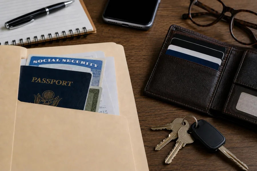 Passport and Social Security card tucked into a manila folder on a wooden desk with a wallet, keys, phone, and glasses nearby.