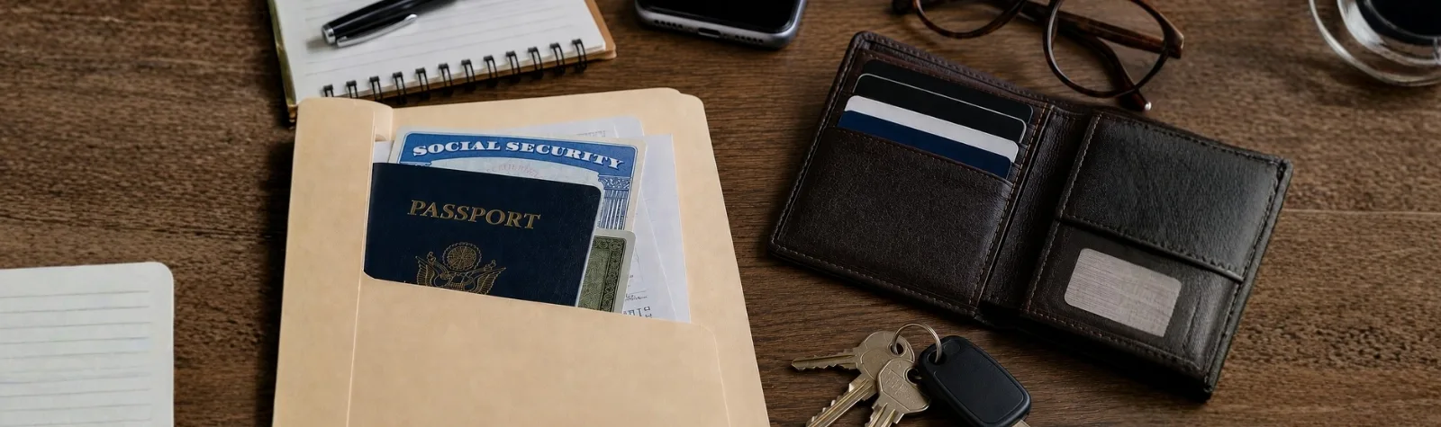Passport and documents in a tan folder on a wooden desk, with a black wallet, keys, and glasses nearby.