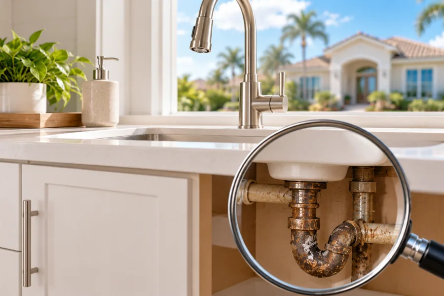 Kitchen sink in a bright Florida home, with a magnified inset showing corroded drain piping beneath the sink