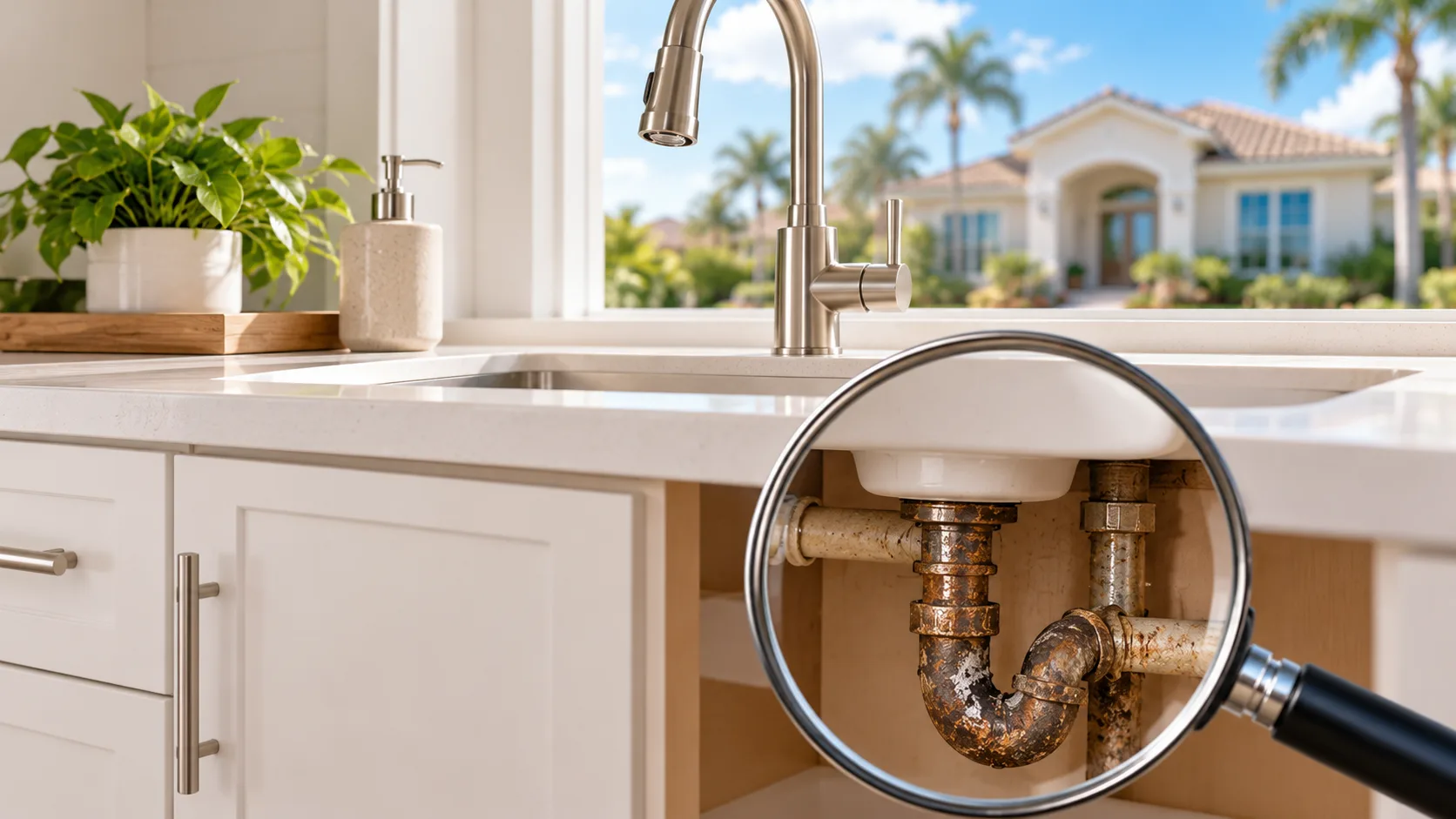 Kitchen sink in a bright Florida home, with a magnified inset showing corroded drain piping beneath the sink